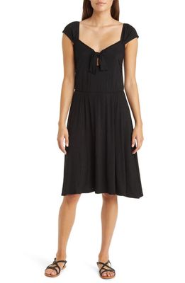 Loveappella Tie Front Cap Sleeve A-Line Dress in Black