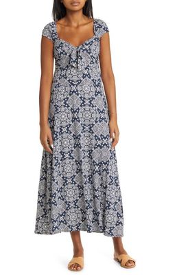 Loveappella Tie Front Cap Sleeve A-Line Midi Dress in Navy/Ivory