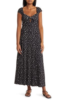 Loveappella Tie Front Cap Sleeve Midi A-Line Dress in Black/Ivory