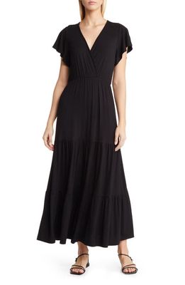 Loveappella Tiered Faux Wrap Knit Maxi Dress in Black