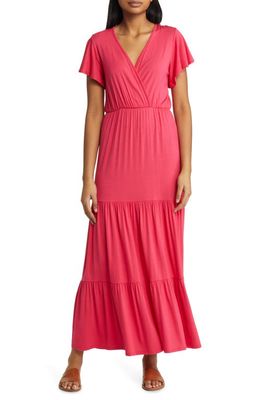 Loveappella Tiered Faux Wrap Knit Maxi Dress in Pink Polish