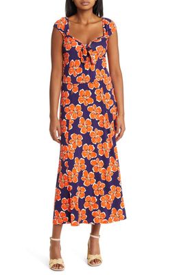Loveappella Tropical Floral Print Midi Dress in Navy/Coral