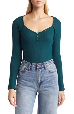 Loveappella V-Neck Long Sleeve Henley Top in Teal