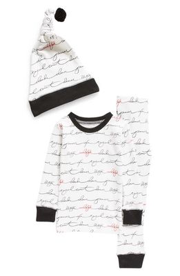 L'Ovedbaby Kids' Holiday Fitted Organic Cotton Two-Piece Pajamas & Cap in Writing Reindeer