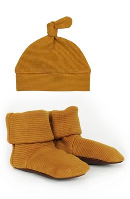 L'Ovedbaby Organic Cotton Corduroy Booties & Beanie Set in Butterscotch
