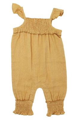 L'Ovedbaby Ruffle Smocked Trim Organic Cotton Muslin Romper in Apricot