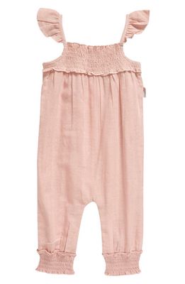 L'Ovedbaby Ruffle Smocked Trim Organic Cotton Muslin Romper in Rosewater