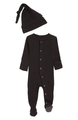 L'Ovedbaby Stretch Organic Cotton Thermal Footie & Knotted Hat in Black