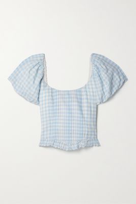 LoveShackFancy - Breonna Cropped Ruffled Gingham Cotton-voile Top - Blue