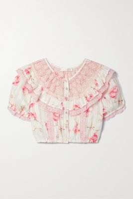 LoveShackFancy - Elania Cropped Lace- And Crochet-trimmed Floral-print Cotton-voile Top - Pink