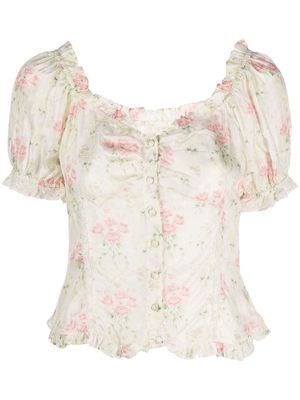 LoveShackFancy floral silk sweetheart neck blouse - White