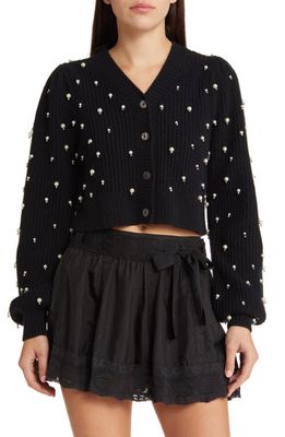 LoveShackFancy Frances Imitation Pearl Crop Wool & Cashmere Cardigan in Black