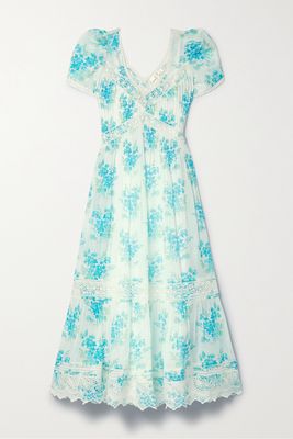 LoveShackFancy - Galil Lace-trimmed Floral-print Broderie Anglaise Cotton Midi Dress - Blue