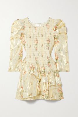 LoveShackFancy - Greenwich Embellished Shirred Floral-print Lamé Mini Dress - Cream