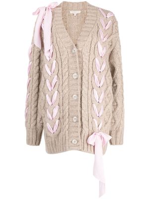 LoveShackFancy lace-up detailing chunky knit cardigan - Brown
