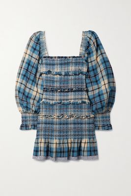LoveShackFancy - Stanley Smocked Checked Cotton-flannel Mini Dress - Blue
