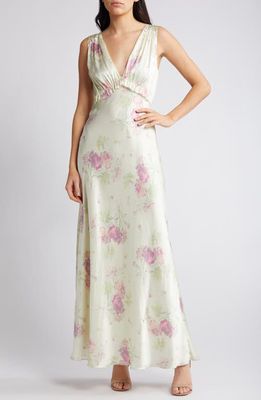 LoveShackFancy Suniva Floral Print Sleeveless Silk Maxi Dress in Peachy Sage