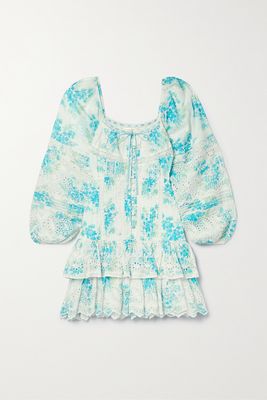 LoveShackFancy - Tayton Lace-trimmed Floral-print Broderie Anglaise Cotton Mini Dress - Blue