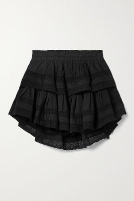 LoveShackFancy - Tiered Lace-trimmed Cotton-voile Mini Skirt - Black