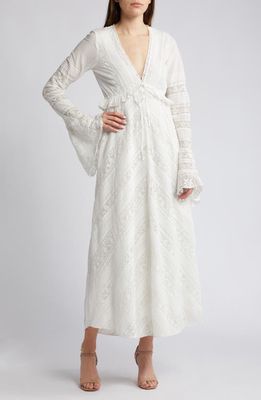 LoveShackFancy Weil Long Sleeve Plunge Neck Maxi Dress in Bright White