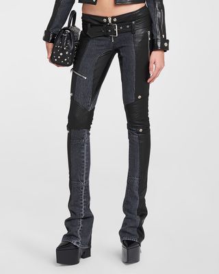 Low-Rise Belted Mixed-Media Moto Pants