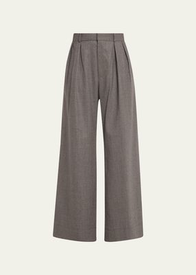 Low Rise Pintuck Wide-Leg Flannel Trousers