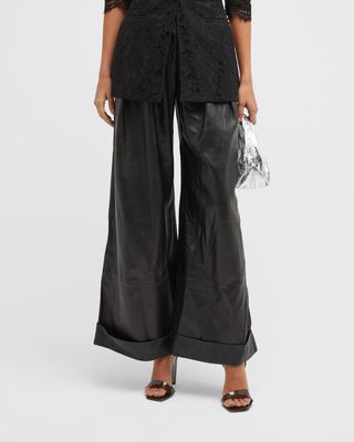 Low-Rise Pleated Wide-Leg Leather Trousers