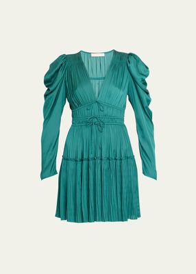 Lu Puff-Sleeve Pleated Satin Mini Dress