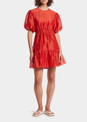 Lucelia Puff-Sleeve Silk-Cotton Mini Dress