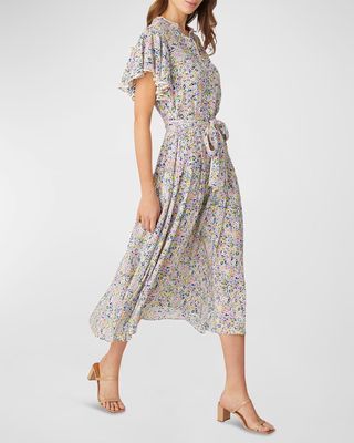 Lucia Floral-Print Flutter-Sleeve Midi Dress