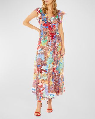 Lucia Paisley-Print Ruffle-Trim Wrap Dress