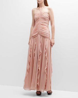 Lucine Halter Ruched Fit-And-Flare Maxi Dress