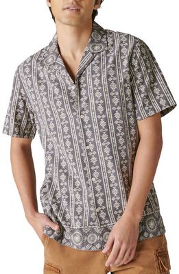 Lucky Brand Border Print Short Sleeve Linen & Cotton Button-Up Camp Shirt in Black Stripe