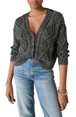Lucky Brand Cable Stitch Cotton V-Neck Cardigan in Black Heavy Acid Washed