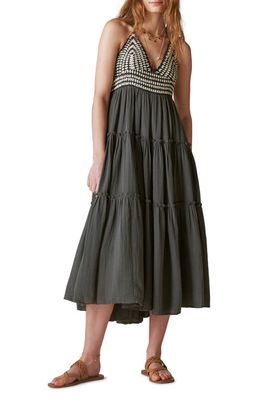 Lucky Brand Crochet Tiered Cotton & Linen Halter Dress in Washed Black