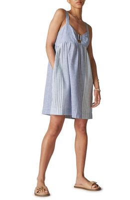 Lucky Brand Cutout Cotton & Linen Babydoll Dress in Blue Multi Stripe