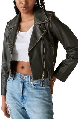 Lucky Brand Distressed Crop Leather Moto Jacket in Washed Black