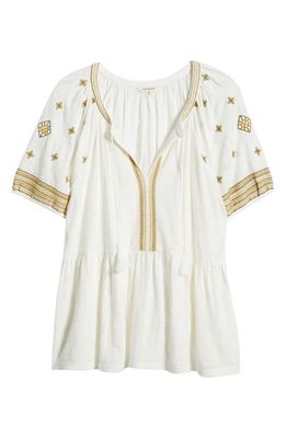 Lucky Brand Easy Embroidered Cotton Babydoll Top in Cream