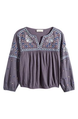 Lucky Brand Embroidered Bubble Hem Peasant Blouse in Blackened Pearl
