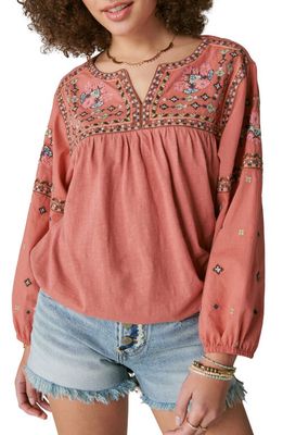 Lucky Brand Embroidered Bubble Hem Peasant Blouse in Coral