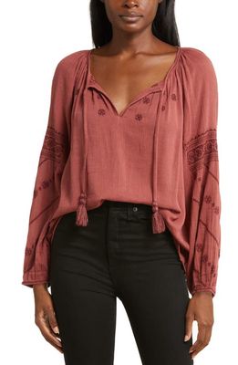Lucky Brand Embroidered Cotton Blend Peasant Top in Apple Butter