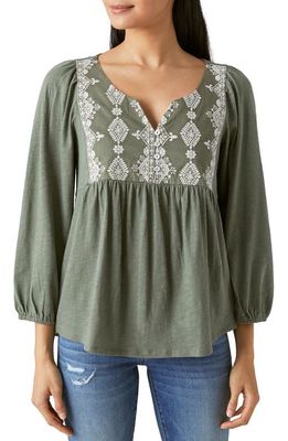 Lucky Brand Embroidered Cotton Peasant Top in Dusty Olive
