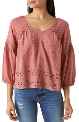 Lucky Brand Embroidered Eyelet Peasant Top in Dusty Cedar
