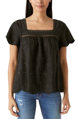 Lucky Brand Embroidered Flutter Sleeve Cotton Blend Top in Black