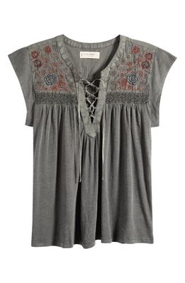 Lucky Brand Embroidered Lace-Up Top in Raven