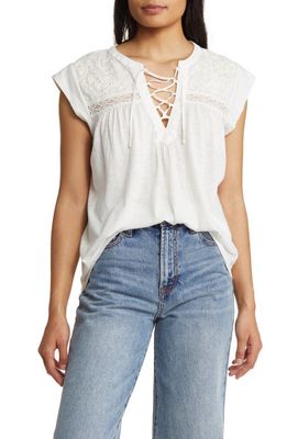 Lucky Brand Embroidered Lace-Up Top in Whisper White