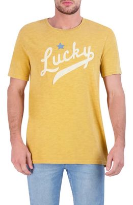 Lucky Brand Embroidered Logo Script Cotton Slub Jersey Graphic Tee in Golden Spice