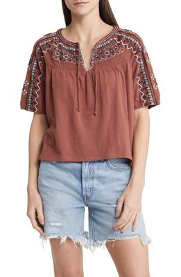 Lucky Brand Embroidered Swing Cotton Peasant Top in Cinnamon
