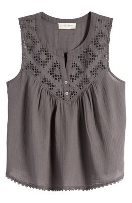 Lucky Brand Embroidered Yoke Cotton Tank in Raven