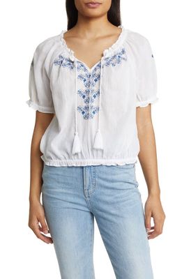 Lucky Brand Floral Embroidered Cotton Peasant Blouse in Bright White